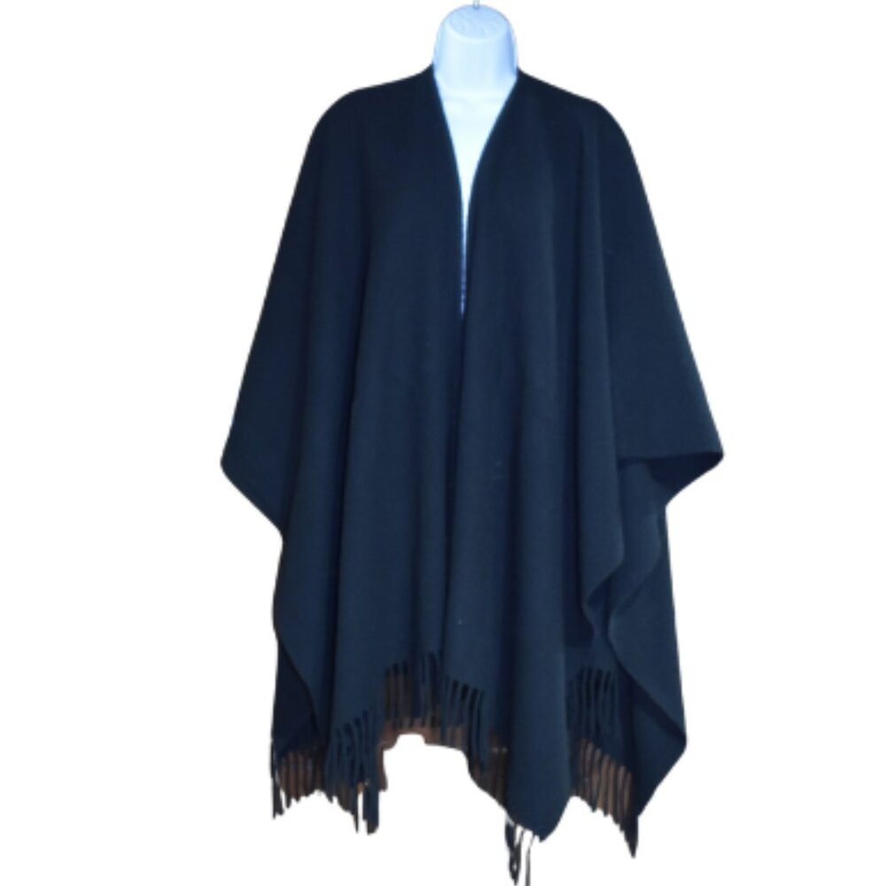 Black Cape Open Poncho Fringe Bottom One Size Cozy Fall Winter Layer